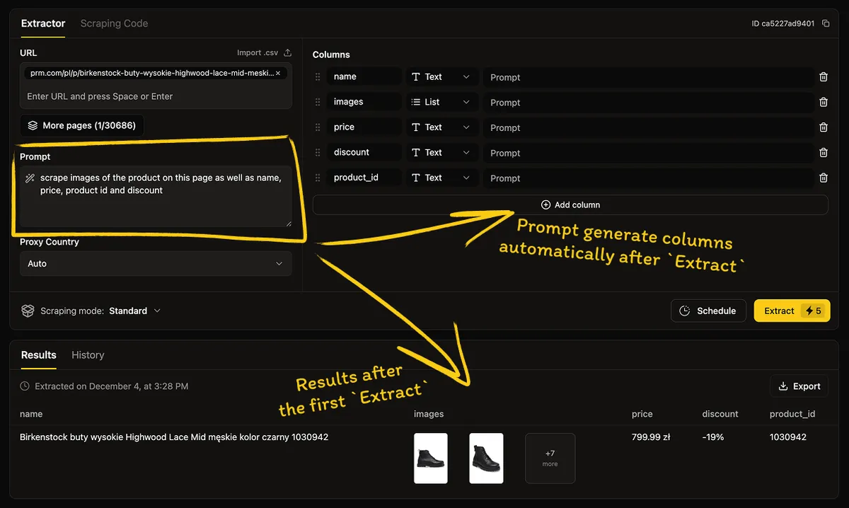 How to Extract data from a Website to excel. Step #2: Extract data from Website with Prompt