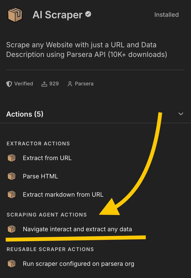 Parsera AI Scraper node setup in n8n workflow — adding node and selecting Scraping Agent action
