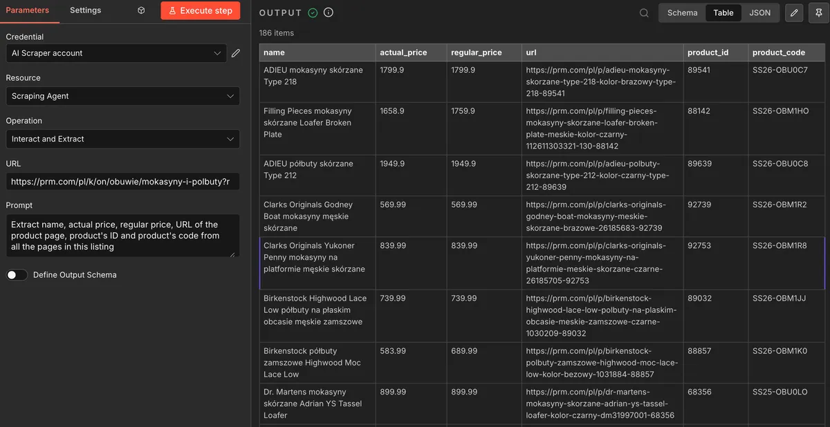 Parsera Agent run results in n8n — 185 products extracted from 3 paginated pages with all fields populated