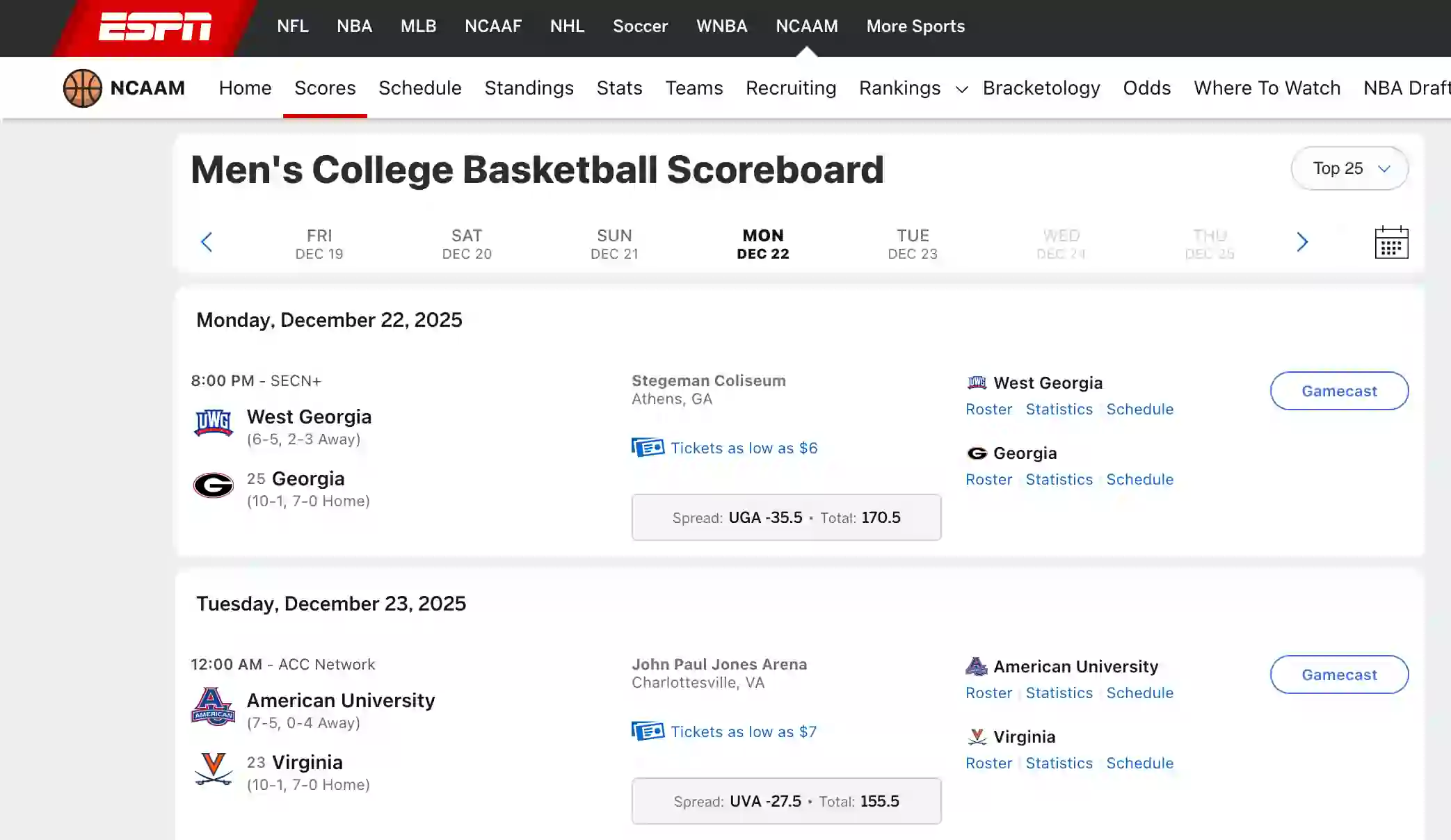 ESPN Scraper NCAAM Scoreboard screenshot